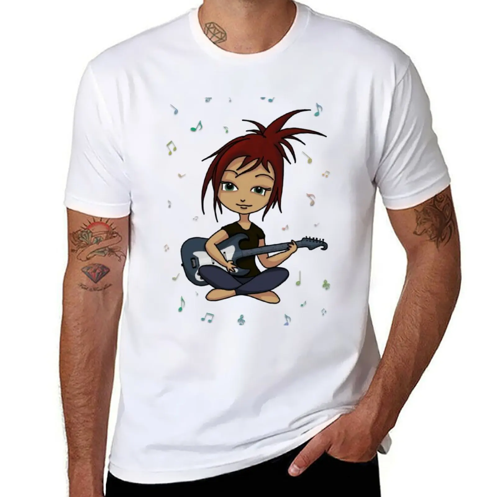 

Футболка Guitar Chick (версия 1, с музыкальными нотами) хлопковая футболка 100% футболки с принтами мужская футболка футболка с графикой