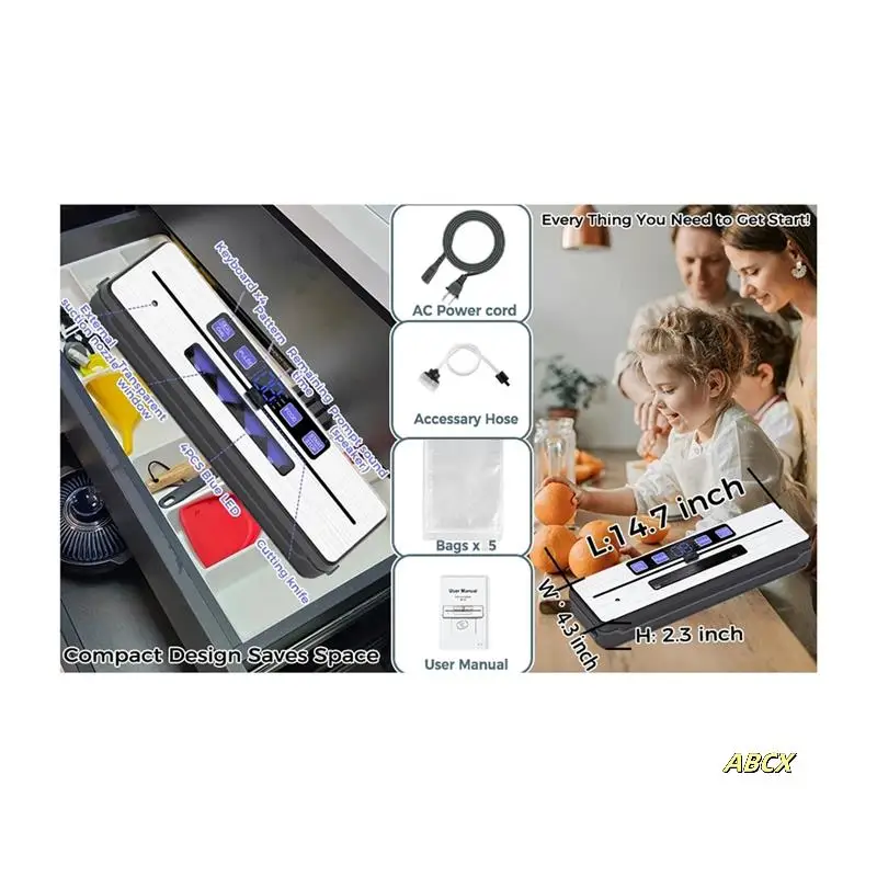 

Sealer Machine Food Sealer Pro Sealer Machine With 5 Bags & Accessory Hose & Bulit-In Cutter EU Plug