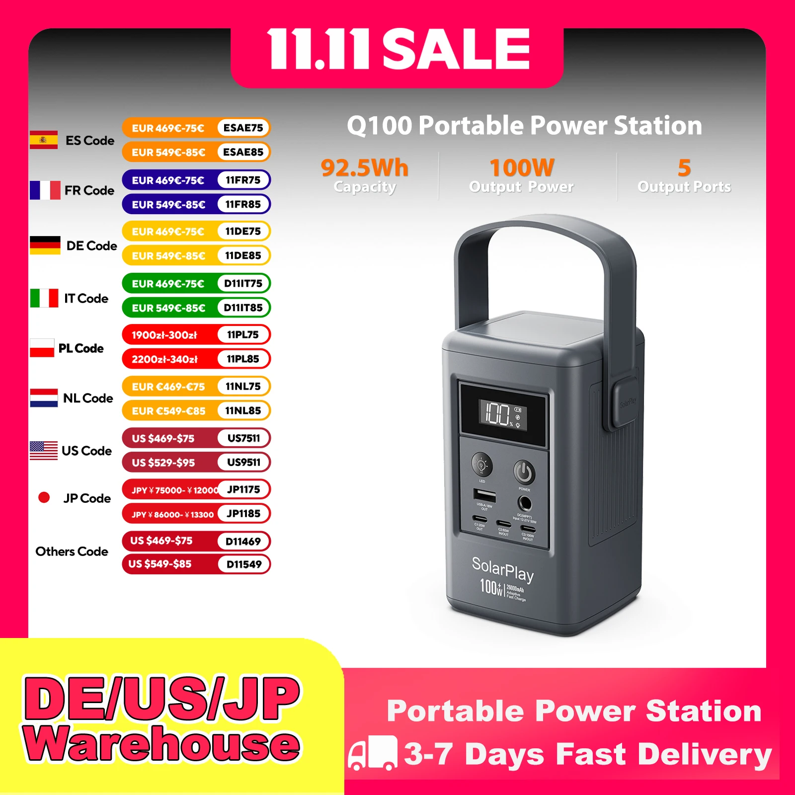 

Портативная электростанция SOLARPLAY Q100, 25000 мАч, уличный солнечный генератор, 100 Вт, выход USB-C для наружного кемпинга, затемнение мощности