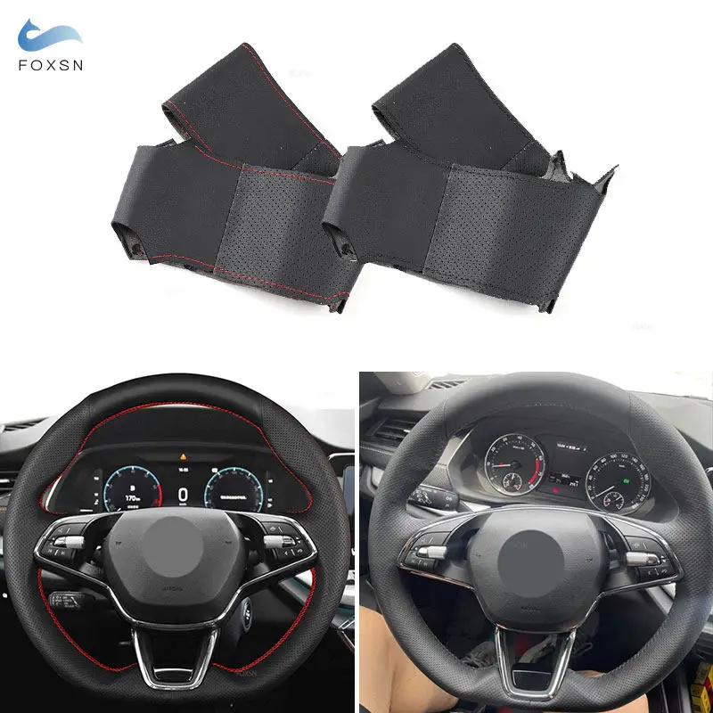 For Skoda Octavia PRO KAROQ 2021 2022 2023 Car Interior Accessories Hand Sewing Steering Wheel Microfiber Leather Cover
