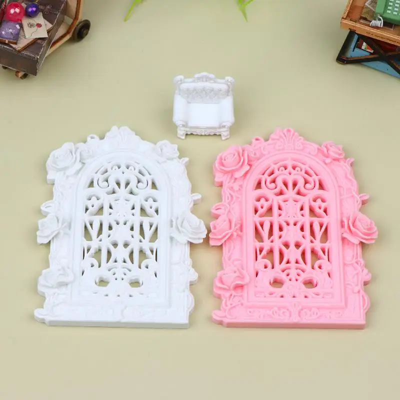 Miniature Sofa with Intricate Rose Carving and Wooden Window Frame for Dollhouse Decor