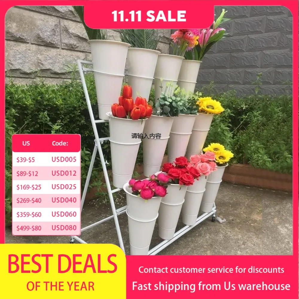 Display stand with 12 plastic buckets, iron plant stand with 4 universal wheels, 3 layers of metal mobile florist bouquet stand