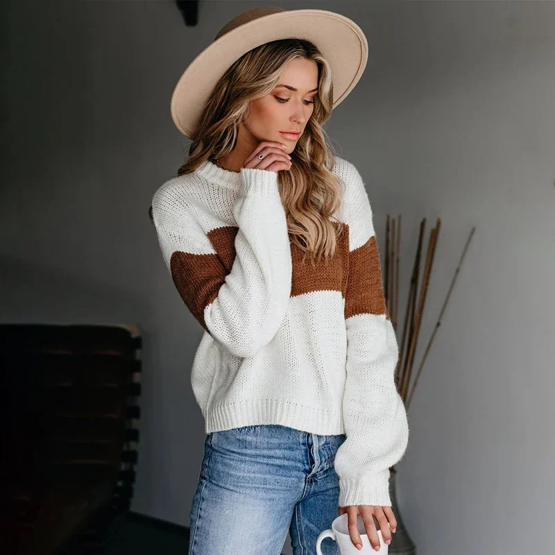 Dames Tops Met Lange Mouwen Vakantie Pullover Patchwork Trui 2023 Herfst Winter Boho Trui Breigoed Dames Casual Stijlvolle Kleding