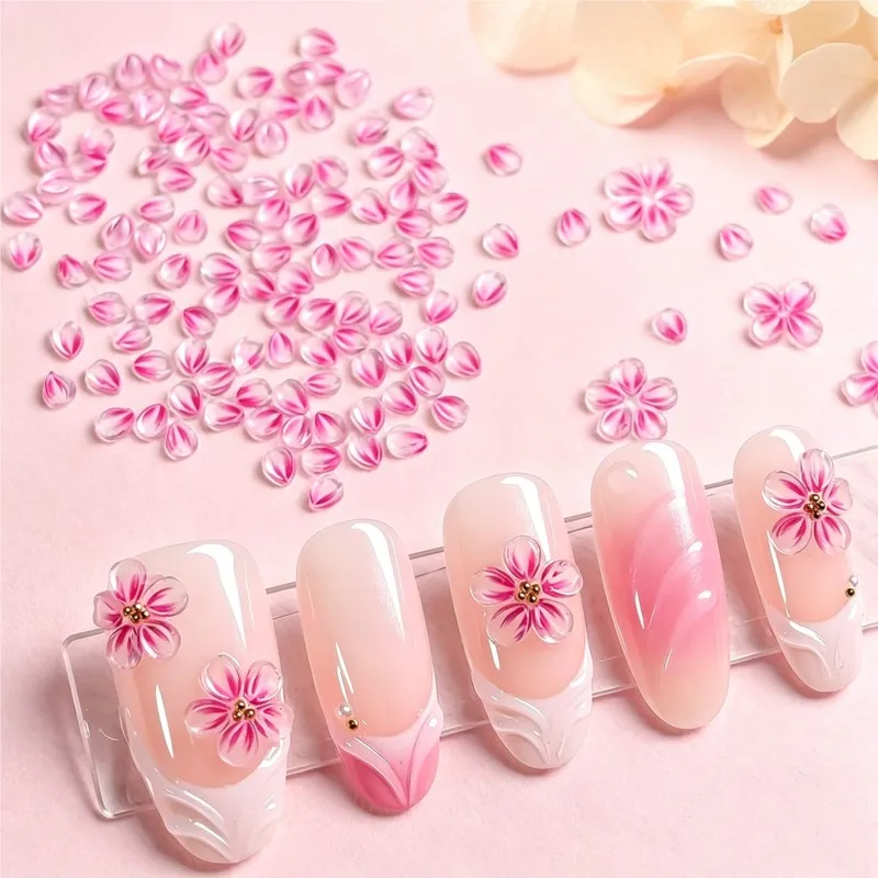 100pcs Ice Transparent Ombre Pink Petals Nail Rhinestones 3D Cherry Blossom Floral Nail Charms Resin Flatback Manicure Decora &6