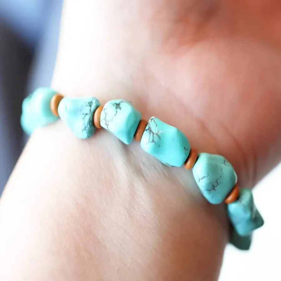 Handmade natural Turquoise raw stone bracelet, men's cuff button bracelet, Ramadan prayer bead bracelet,holiday gift, daily wear view 2