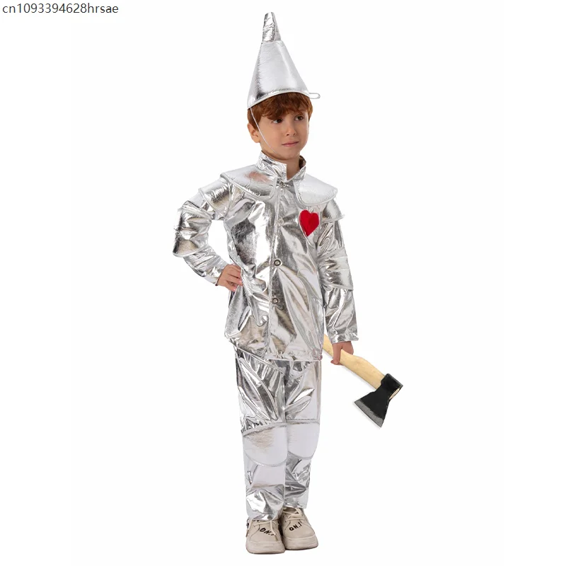 

2025 New Arrival Silver Red Heart Wizard Boy Oz Tin Man Halloween Costume For Kids