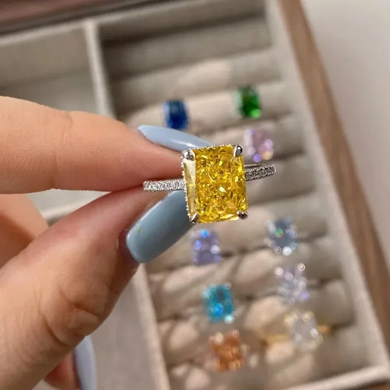 S925 Silver Ring Jewelry Yellow Pink Red Blue Crushed Iced Cut Zirconia Wedding Banquet 4 Carat Fashionable Anniversary Gift