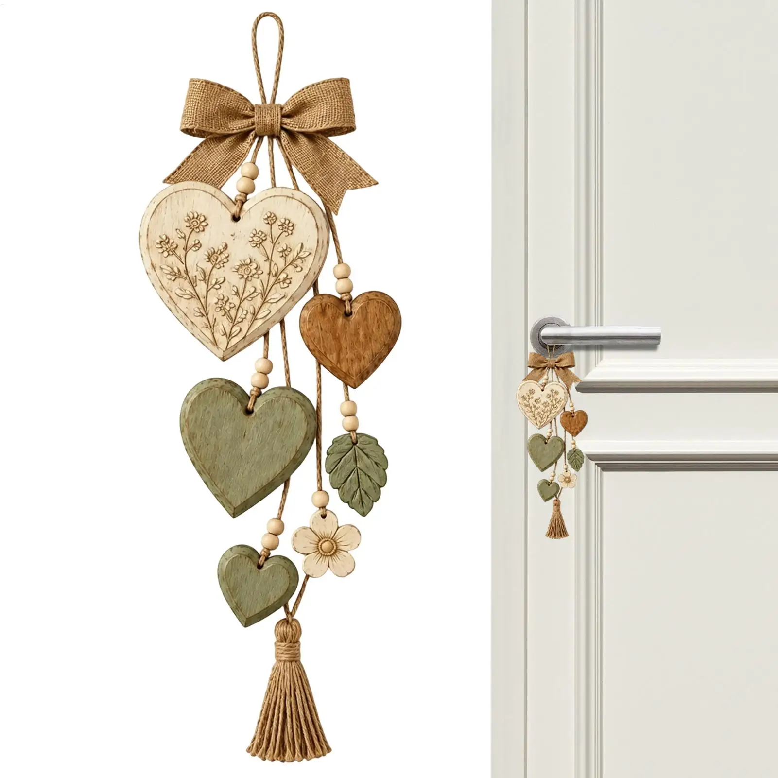 Solid wood heart-shaped wall hanging Farmhouse style burlap bow decoration Paired with distressed wooden heart-shaped pendant