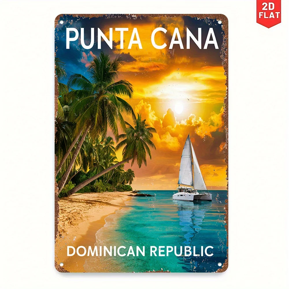 2D Flat, Vintage Punta Cana Dominican Republic Metal Wall Art Sign - Large Tropical Beach Scene Aluminum Caribbean Decor Suitabl