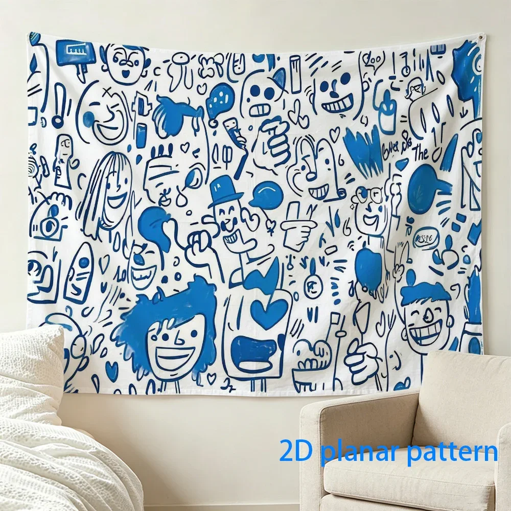 Boho Cartoon People Pattern Tapestry Wall Hanging Blue Illustration Planar Art Modern Pop Pop Culture Graphic Design Living Room