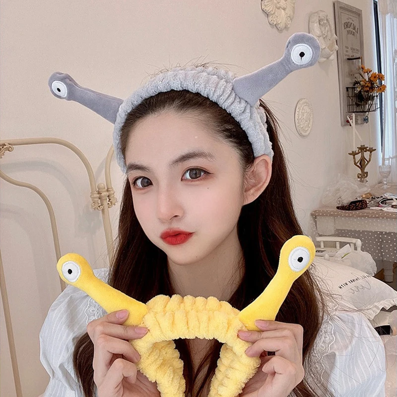 Cute Fluffy Animal Big Eye Snail Headbands Soft Coral Fleece Elastic Hair Band For Women Washing Face Makeup Cosmetic