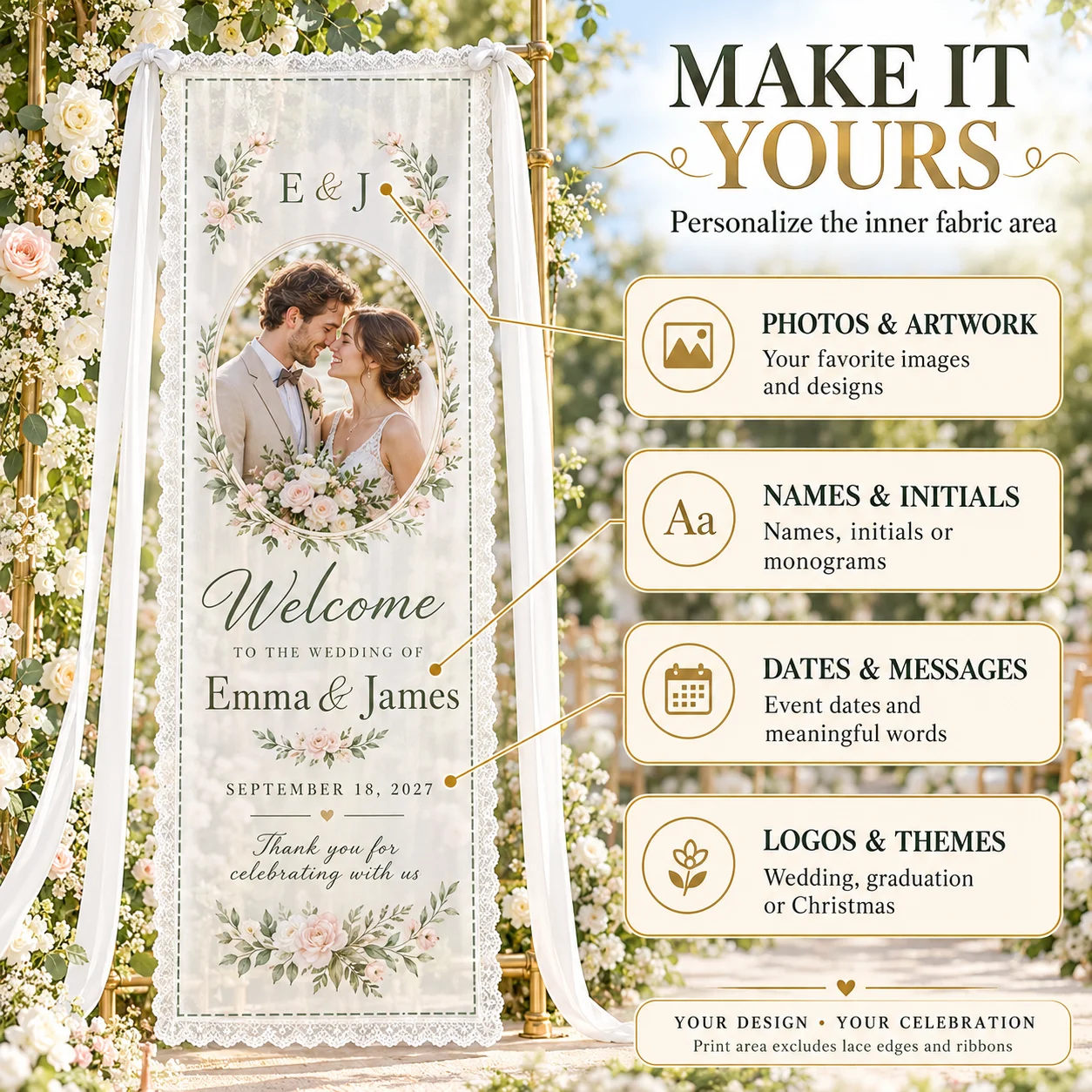 Custom Sheer Mesh Wedding Welcome Sign Personalized Chiffon Banner Offset Printed Multiple Sizes for Weddings Parties and Events