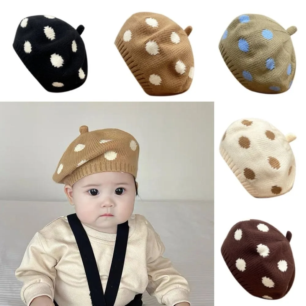 Wind Resistant Polka Dot Beret Round Shape Stretchy Fabric Wool Beret Casual Warm Knit Knitted Beret Photo Prop
