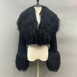 Chaqueta corta de cuello alto para mujer, abrigos de piel Natural, puños y cuello de piel de oveja mongol, grueso y cálido, de lujo, Invierno