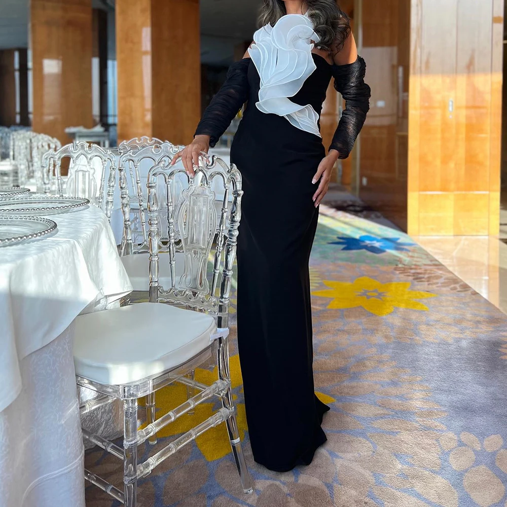 Customized Jersey Straight Off the Shoulder Ruffles Evening Dress Halter Long Sleeves Floor Length Sweep Train Photo Color