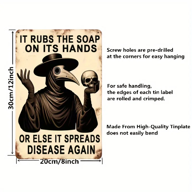 قطعة واحدة من علامة الألومنيوم لطبيب الطاعون القوطي - تذكير عتيق لغسل اليدين، فن تعليق على الحائط للحمام والديكور المنزلي