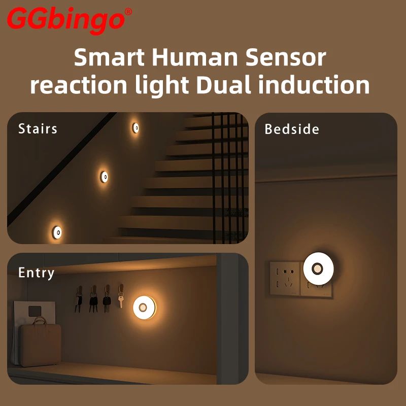 GGbingo Smart Human Body Induction Motion Sensor Night Light Auto On Off for Closet Bedroom Wardrobe Sleeping LED Lamp