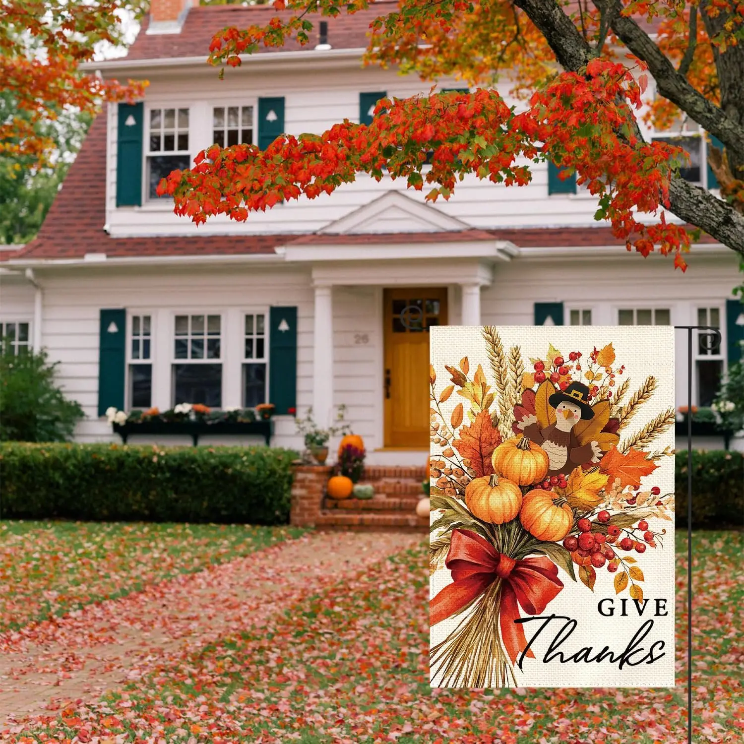 AVOIN colorlife Thanksgiving Floral Garden Flag 12x18 Inch Double Sided Outside, Give Thanks Turkey Pumpkin Yard Outdoor Fla SSL
