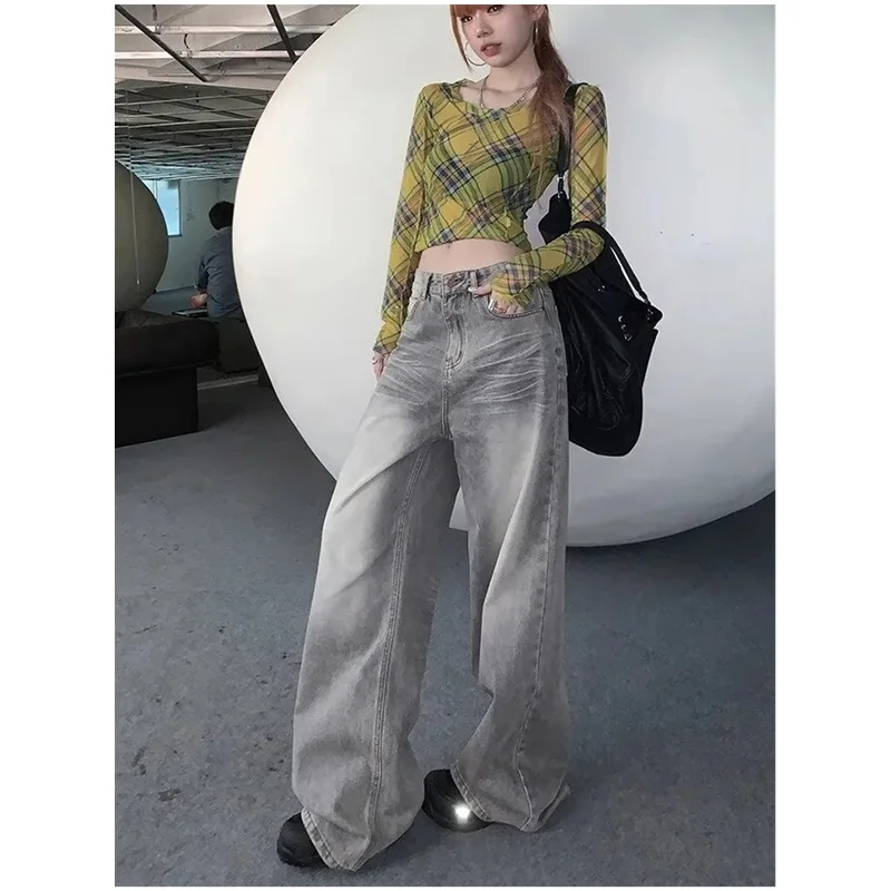 Grey Jeans Women High Waist American Plus Size Wide Leg Pants 90s Vintage Straight Baggy 2000s Denim Trousers Mom Oversize Pants