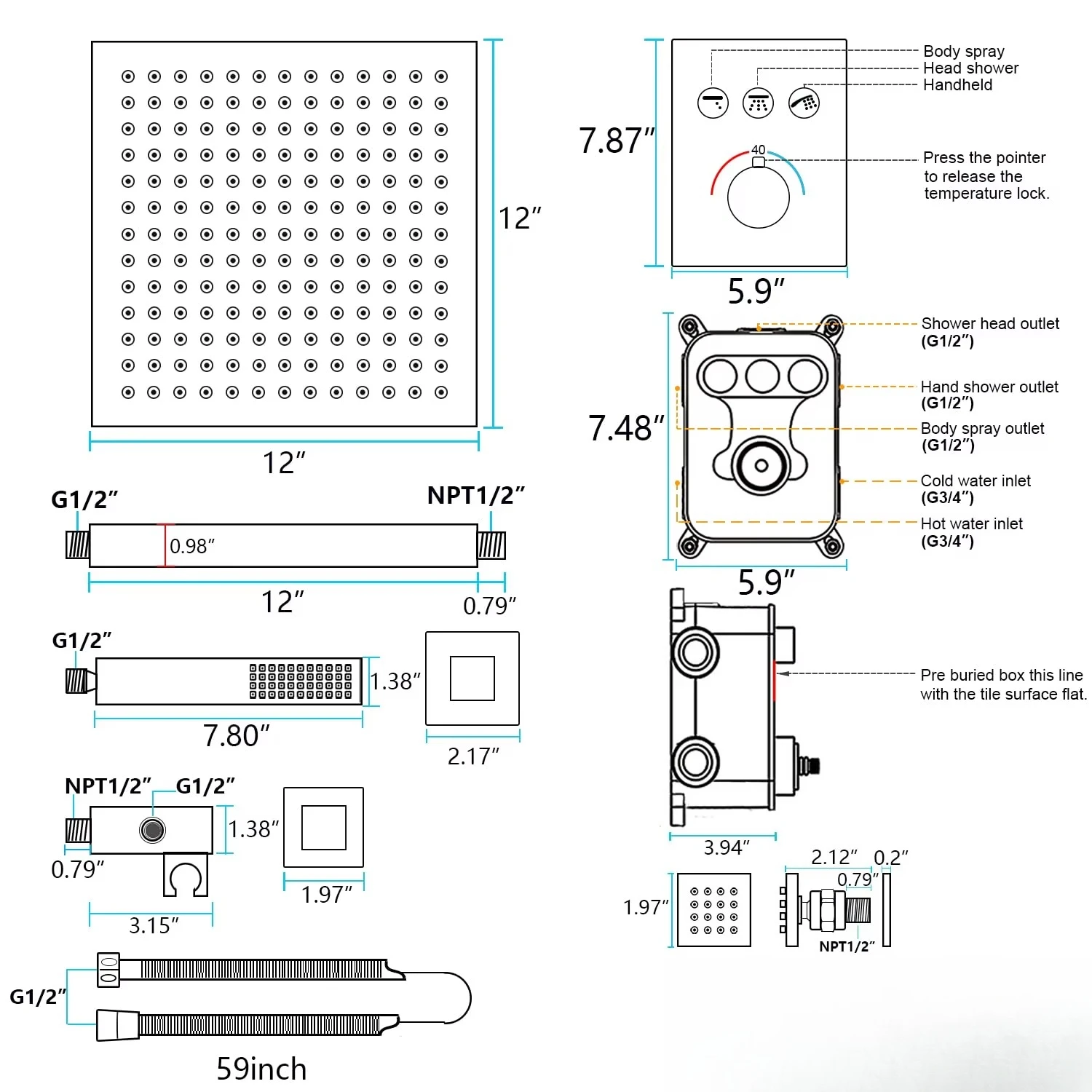 Regenduschsystem aus gebürstetem Gold, 12-Zoll-Decken-Regenduschkopf mit Körperdüsen, thermostatisches modernes Dusch-Kombi-Set