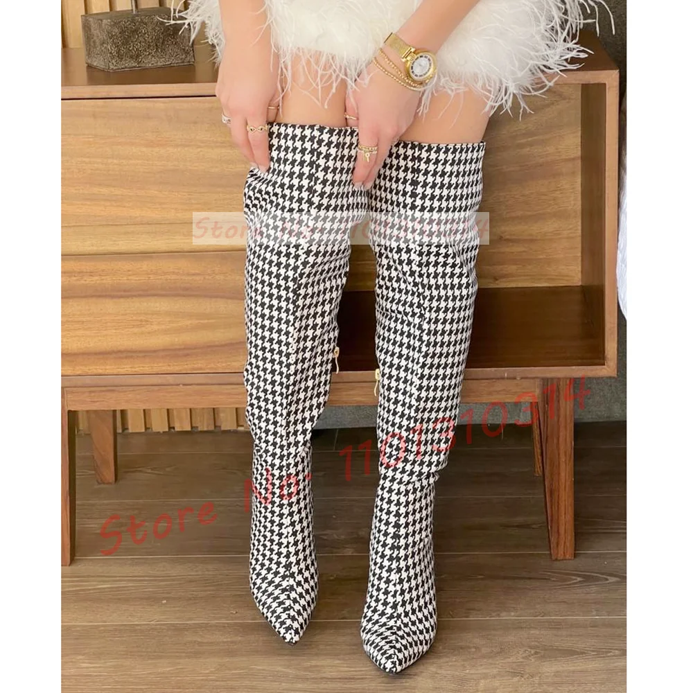 Pink Plaid High Heels Boots Women Trendy Pointy Toe Side-zip Knee High Boots Spring Streetwear 2023 Ladies Fashion Gingham Shoes