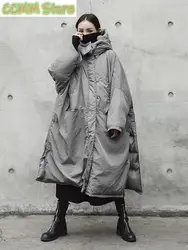 Hooded Cotton-padded Gray Big Size Long Warm Coat Long Sleeve Loose Fit Women Parkas Fashion Autumn Winter