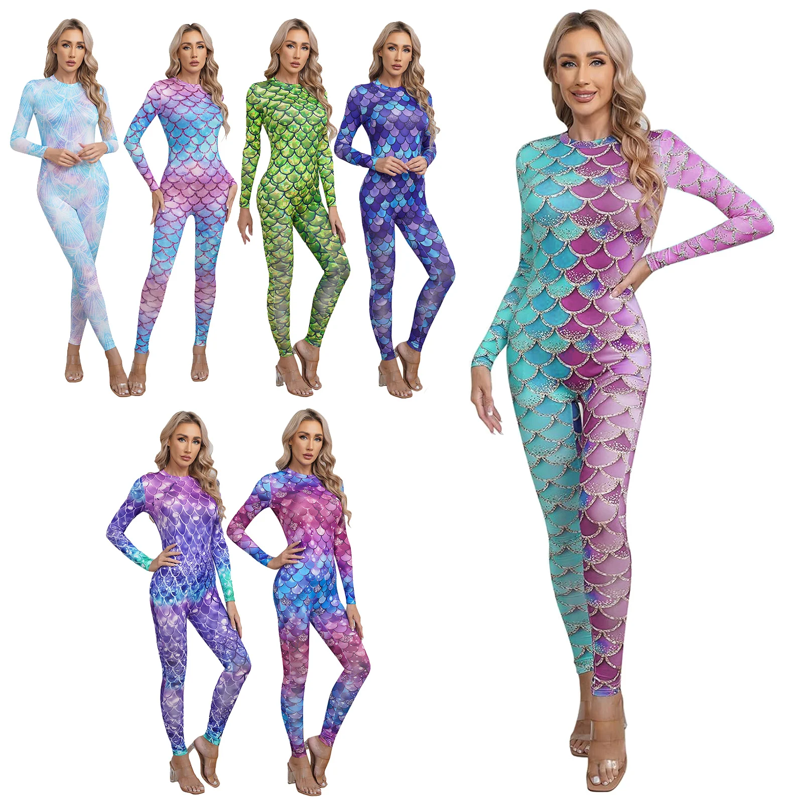 Womens Mermaid Fish Scale Print Jumpsuit Long Sleeve Full Body Romper Bodysuit Swimsuit Stage Carnival Halloween Cosplay Costume