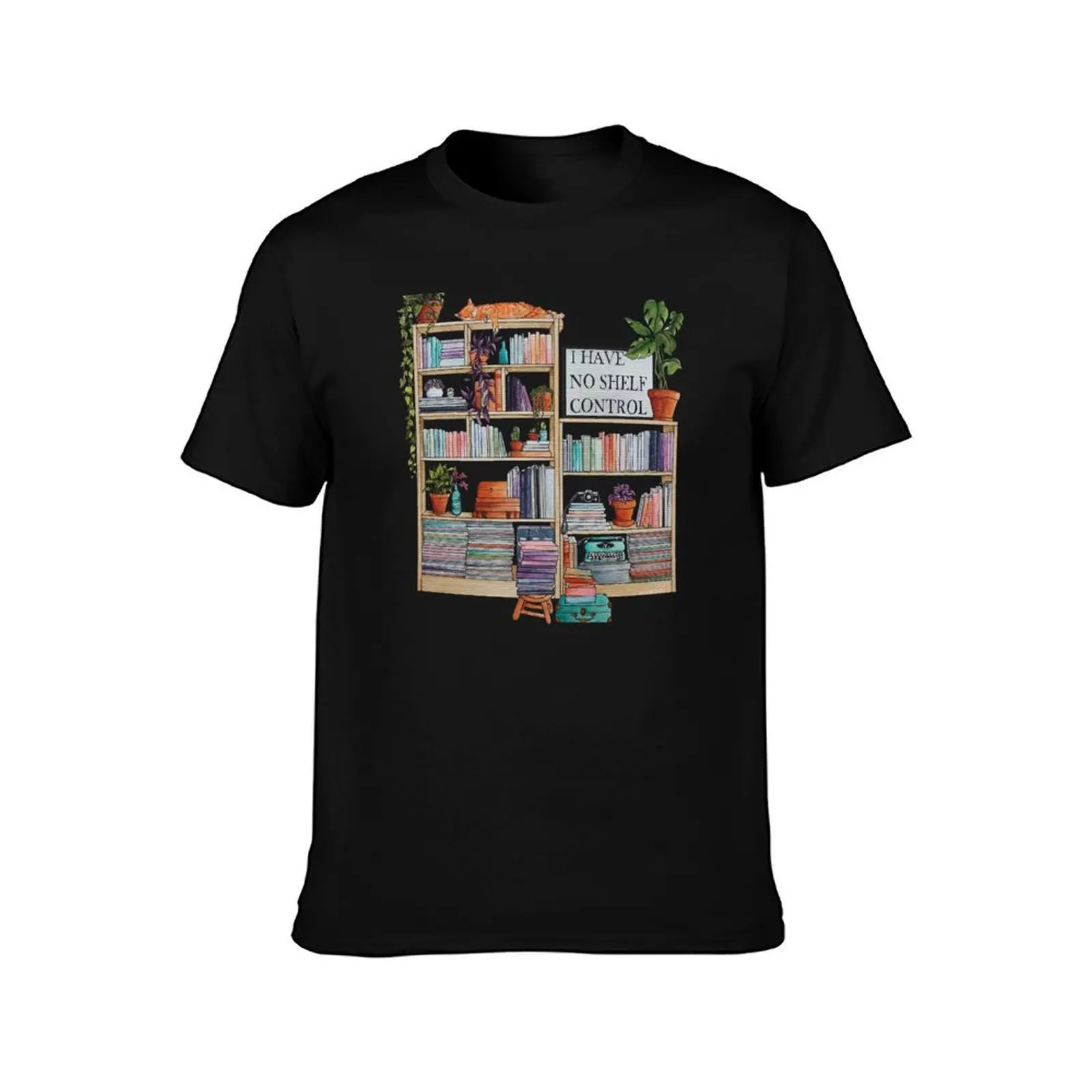 Watercolor bookshelf I have no shelf control T-Shirt Summer Casual Cotton Tee Oversized Streetwear Tops Vintage Graphic Print