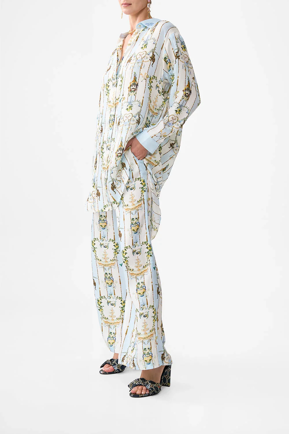 

Women Retro Printed Blue Set Crystal Beaded Turn-down Collar Long Sleeve Shirt + Elastic Waist Wide Leg Pants Casual Silk Suits