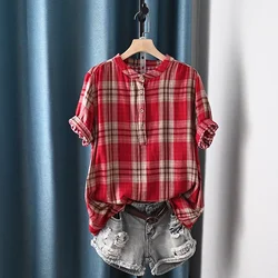 100% Cotton Yarn Retro Shirt Women Stand Collar Plaid Blouse Girl Short Sleeve Casual Fashion Top Breathable Summer Clothes