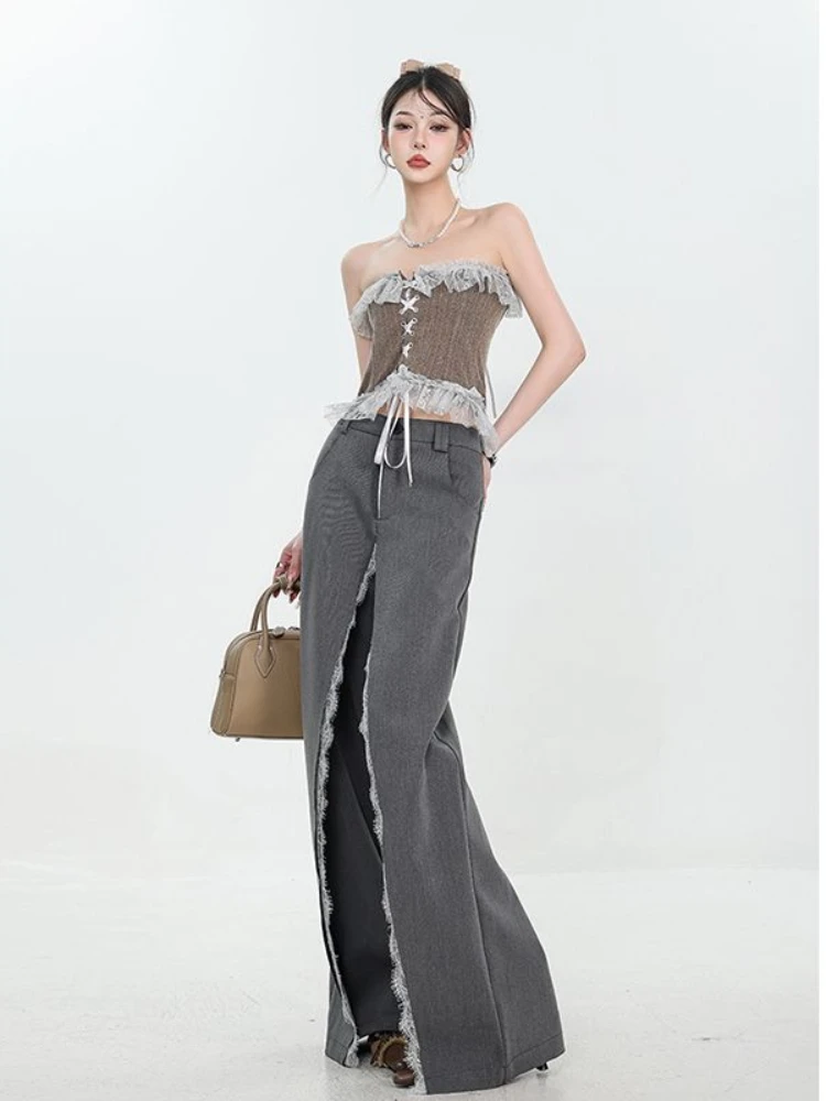 Japanese Y2K hot girl retro gray lace patchwork suit pants autumn loose casual wide leg pants long pants millennium style