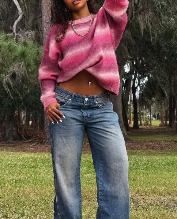 

Autumn Gradient Striped Jacquard Round Neck Loose Knit Sweater for Women, Trendy and Personalized Long Sleeved Sweater