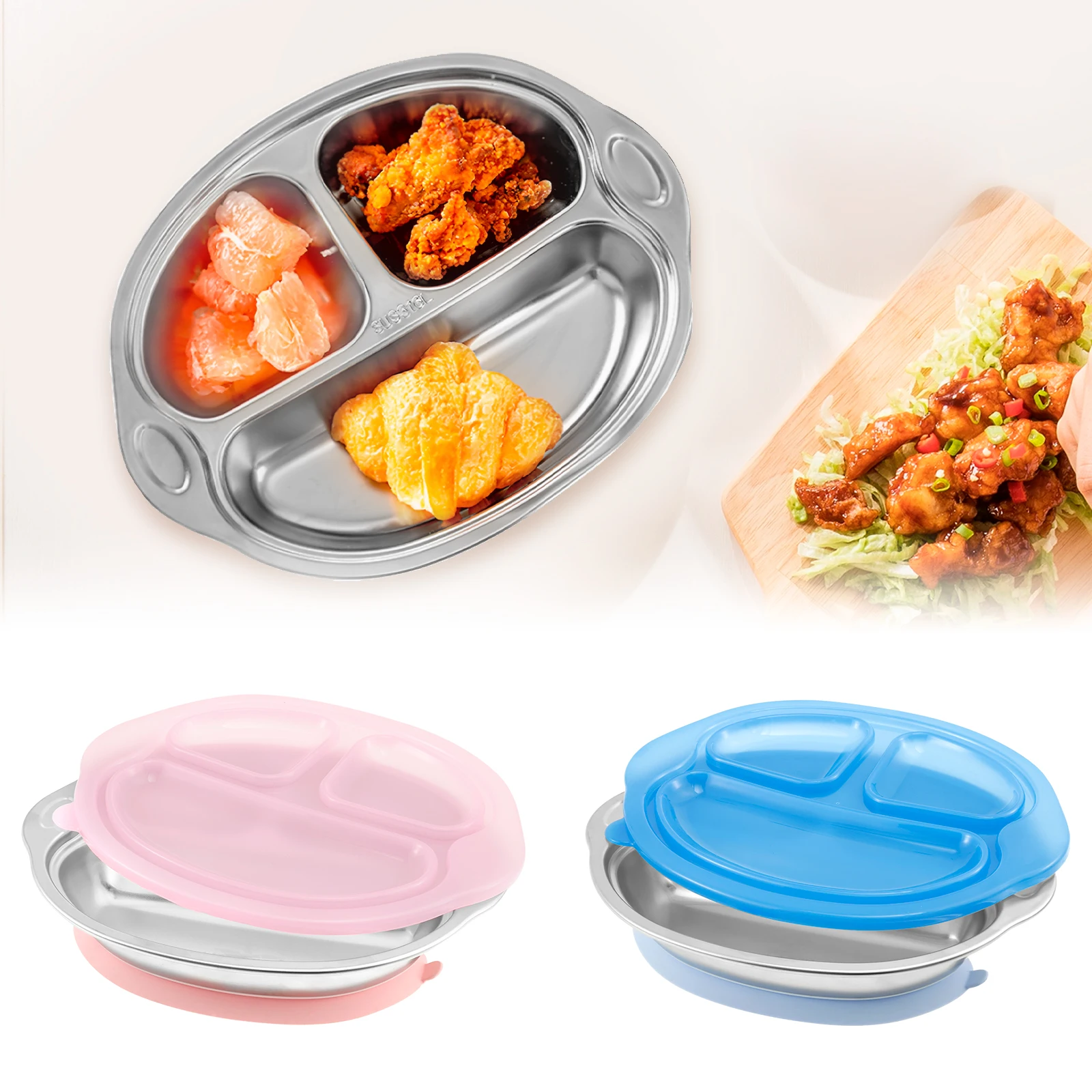

Stainless Steel Baby Plate With Silicone Sucker Bibs Children Dishes Safe Baby Dining Plate Large Capacity Kids Divided Plates