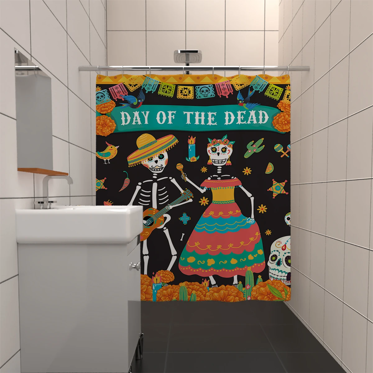 1PC Mexican Day of the Dead Pattern Printing Shower Curtain With 12 Hooks 71x71 In,Machine Washable - Perfect For Home & Hotel