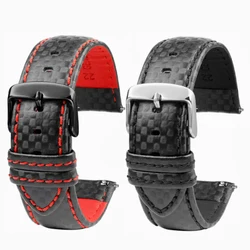 18mm 20mm 21mm 22mm 23mm 24mm Carbon Fiber Pattern Leather Watch Strap  Black Red Orange Stitching Watchband Men's watch accesso