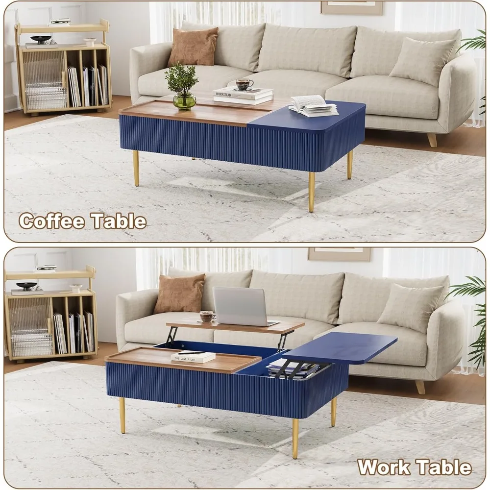 Modern Dual-Lift Storage Coffee Table with Fluted Wood Design and Hidden Compartment