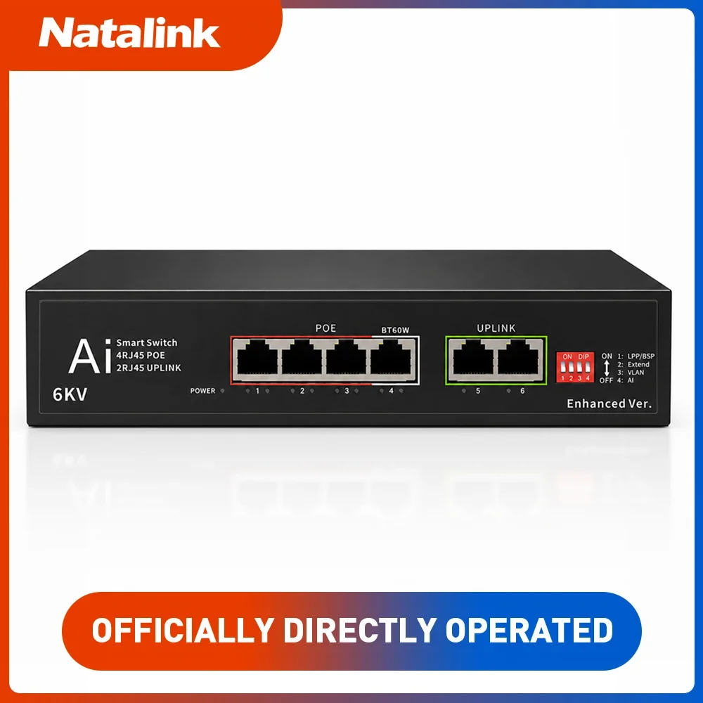 Natalink 6 Port 100Mbps PoE++ Network Switch, 6KV Lightning Protection, 60W Total Power, 250m Long Transmission, Plug & Play