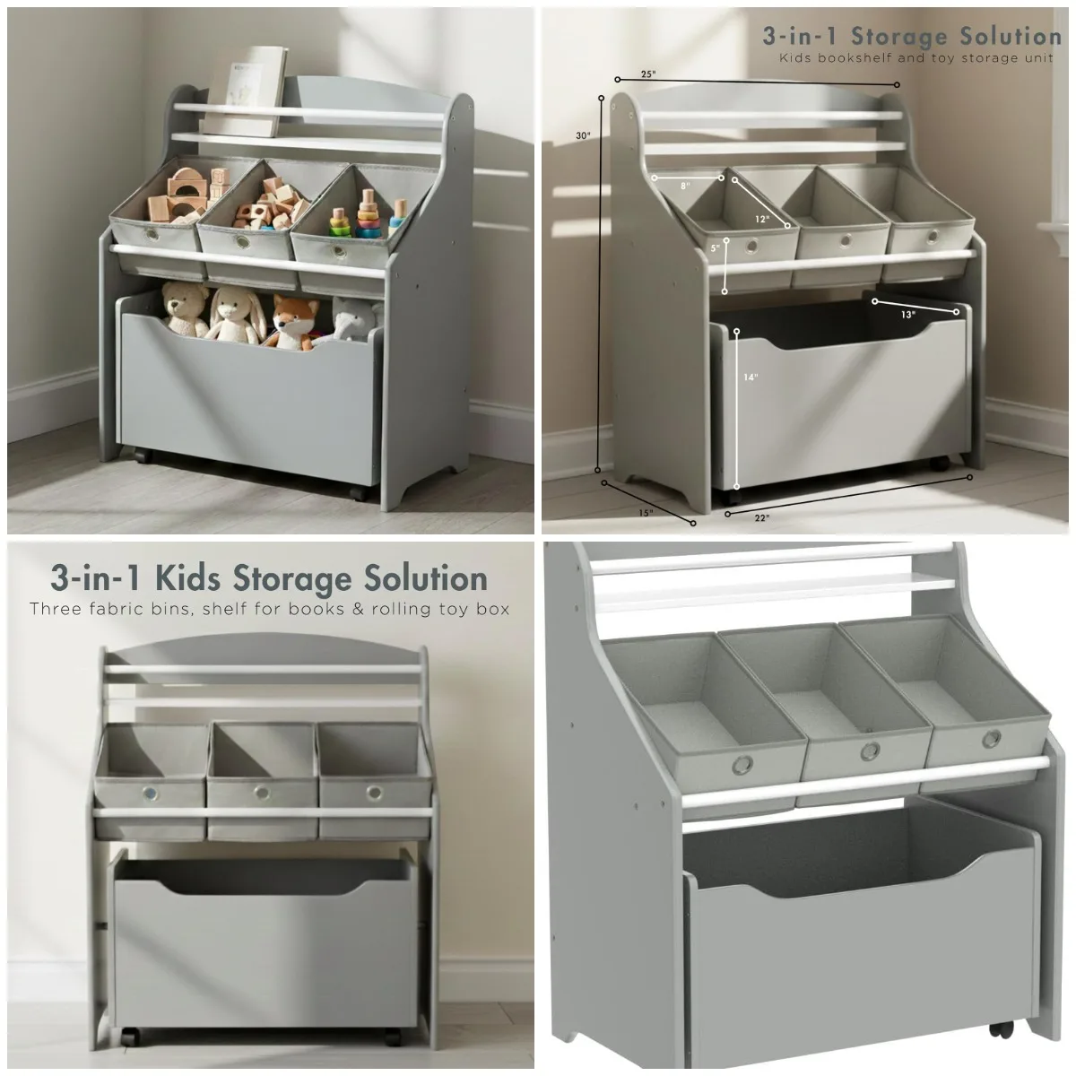 

3-in-1 Kids Bookshelf & Toy Organizer, Grey – Rolling Storage with 3 Bins for Nursery or Playroom