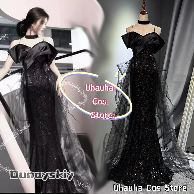 

Cosplay Luxury Evening Dresses Costumes aBcUH@Black Sequin Mermaid Evening Gown Women Wedding Party Gowns Halloween Dress Up