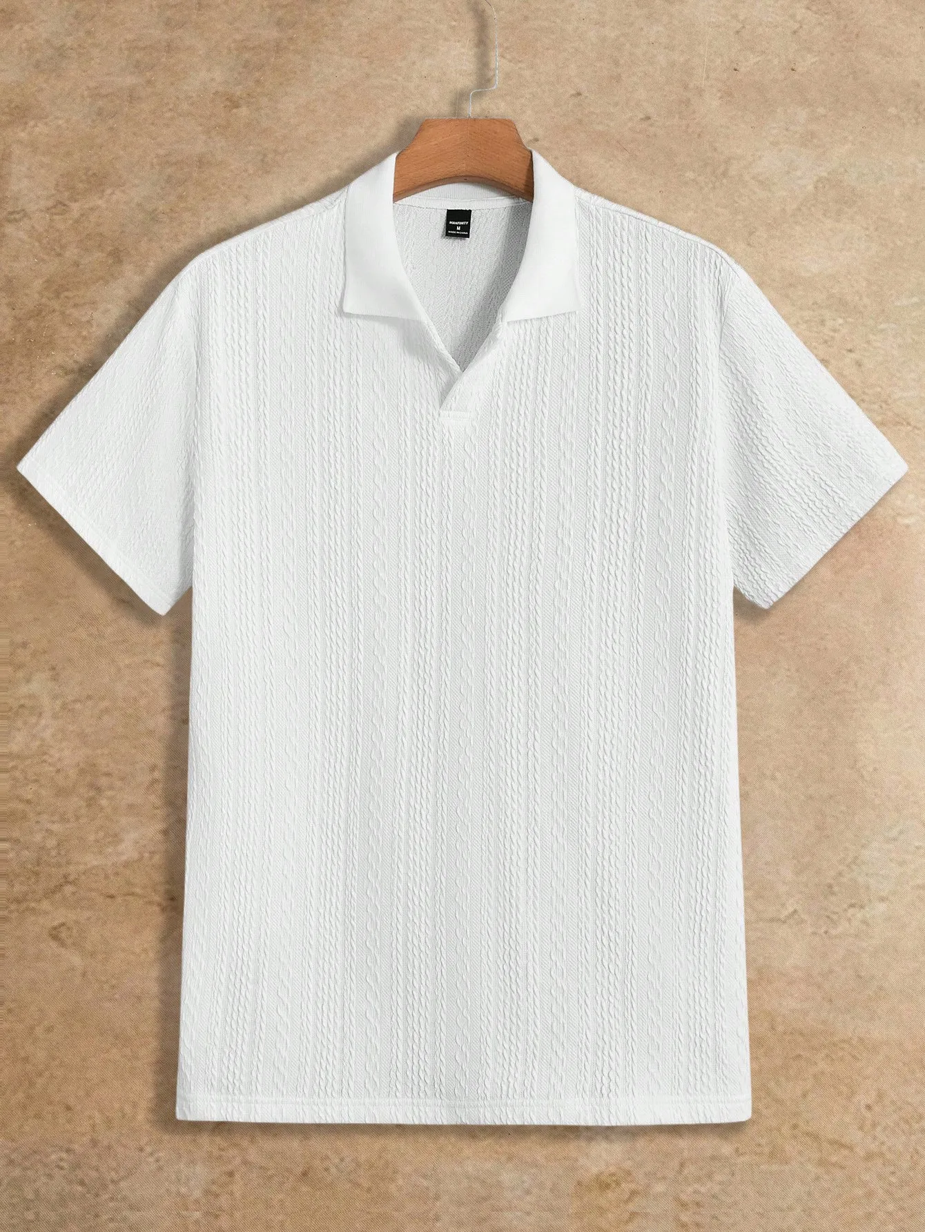

Men's White Textured Knit Loose Fit Polo Shirt with Turn-Down Collar