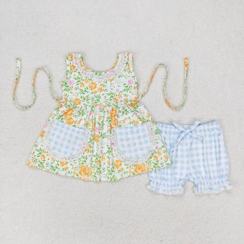 New rts baby girls summer suit wholesale boutique crocodile pink doll collar white sleeveless shorts set GSSO0654