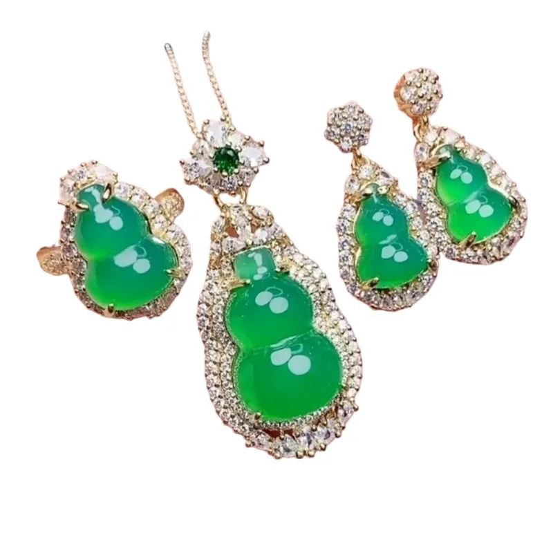 

Jade chalcedony ice type Zhengyang green gourd ring pendant earrings sterling silver inlaid three-piece set