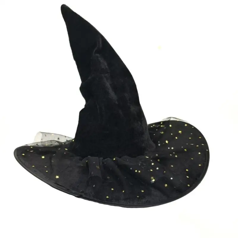 

652F Halloween Wizard Hat Large Black Witches Witch Hat Star Lace Witch Caps Fashion Pointed Hat Halloween Cosplay Costumes
