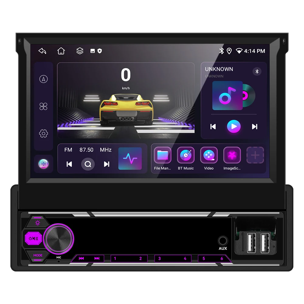 Podofo 6+128G Ausziehbarer Bildschirm 1 Din Android Auto-Multimediaplayer Carplay GPS-Navigation WLAN Bluetooth FM AM Mirror Link