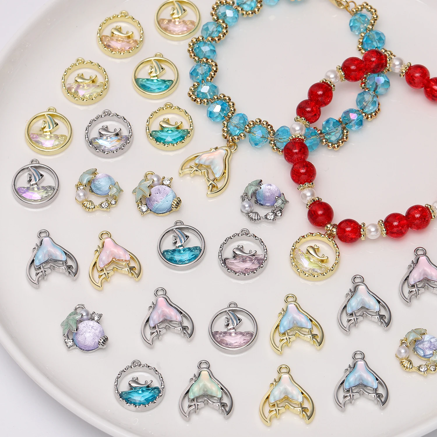 كريستال الخرز الزركون البحرية ذيل السمكة قلادة جالبة للحظ لصنع المجوهرات أقراط قلادة سوار ذاتي الصنع إكسسوارات الديكور سحر