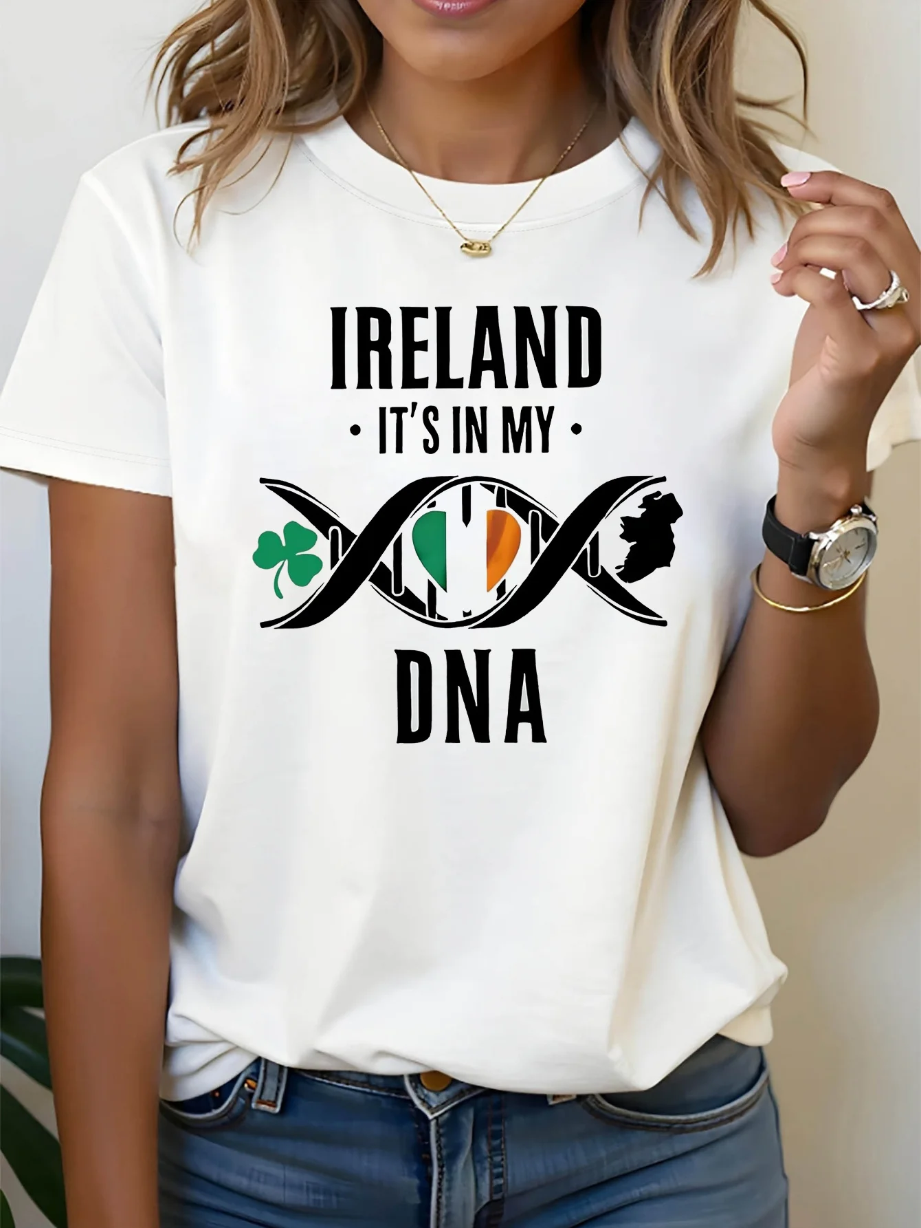 Ireland DNA St Patrick's Day Clover Graphic Print Women Short Sleeve Crew Neck Casual T Shirt Daily Outing Holiday Gift