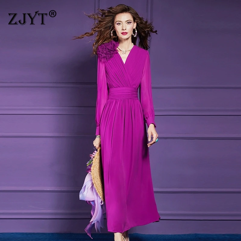 

ZJYT Elegant 3D Floral Appliques Long Maxi Dress V Neck Purple Ruched Evening Party Prom Dress for Women Spring 2025 Vestidos