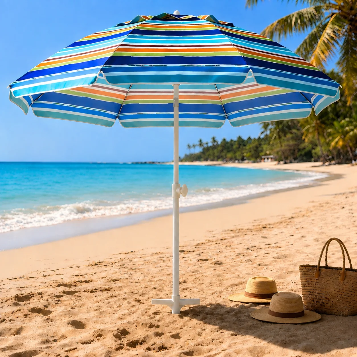 6.5FT Portable Outdoor Beach Umbrella Waterproof Windproof with Sand Anchor Manual Open Close Large Canopy for Beach Camping Picnic