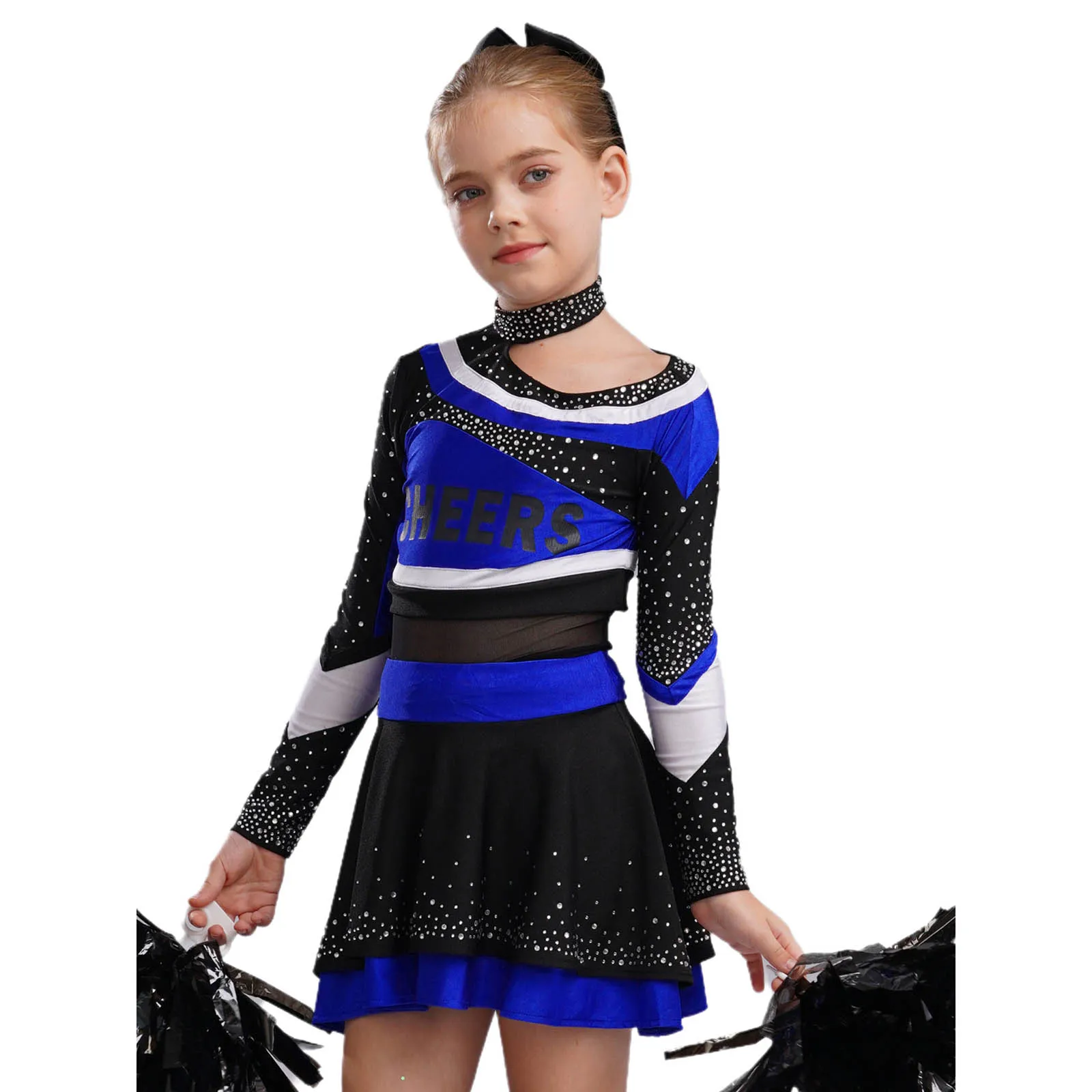 Girls Cheerleading Outfits High School Cheerleader Stage Performance Costume Letter Print Rhinestones Cheer Uniform Tops Skirt