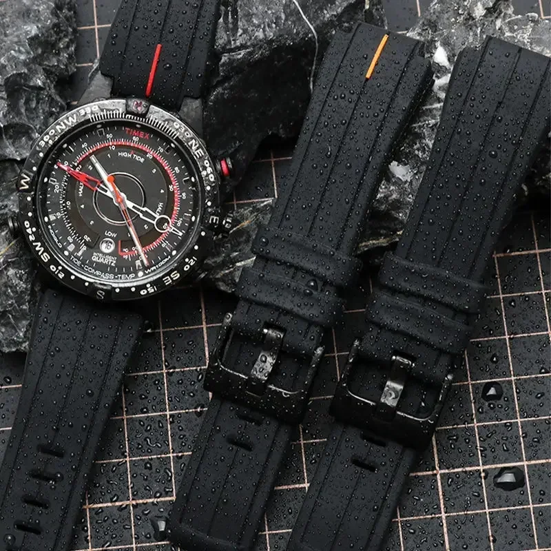Premium-Grade Rubber watchband for TIMEX watch T2N720 TW2T76300 T2N721 Series Men Black Waterproof Silicone Sports Strap 24*16mm